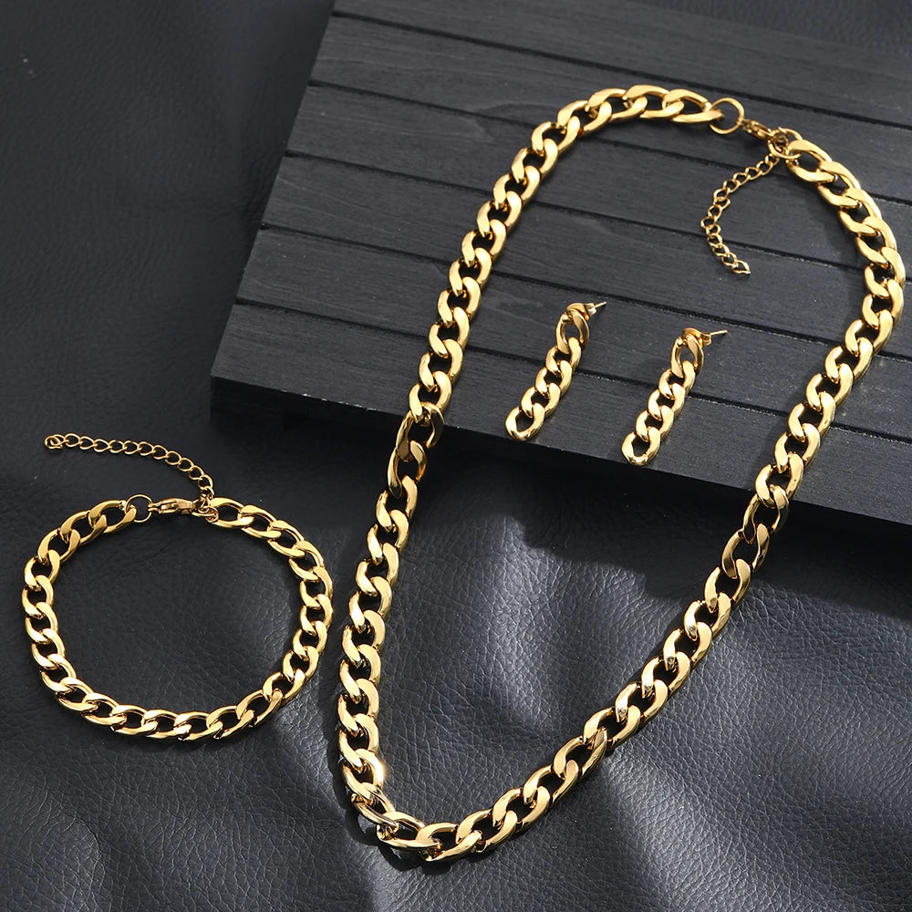 Stainless Steel Minimalist Cuban Chain Necklace, Earrings, And Bracelet Set Women's Fashionable, Unique, Trendy Vintage Jewelry