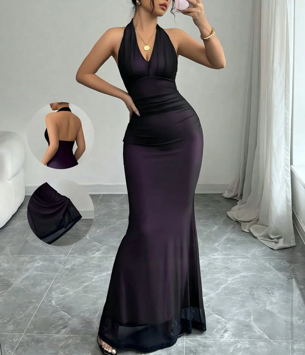 Summer Backless Sexy Maxi Dress Women Gown Patchwork Lace Halter Deep V Neck Sleeveless High Waist Elegant Long Dresses Vestido