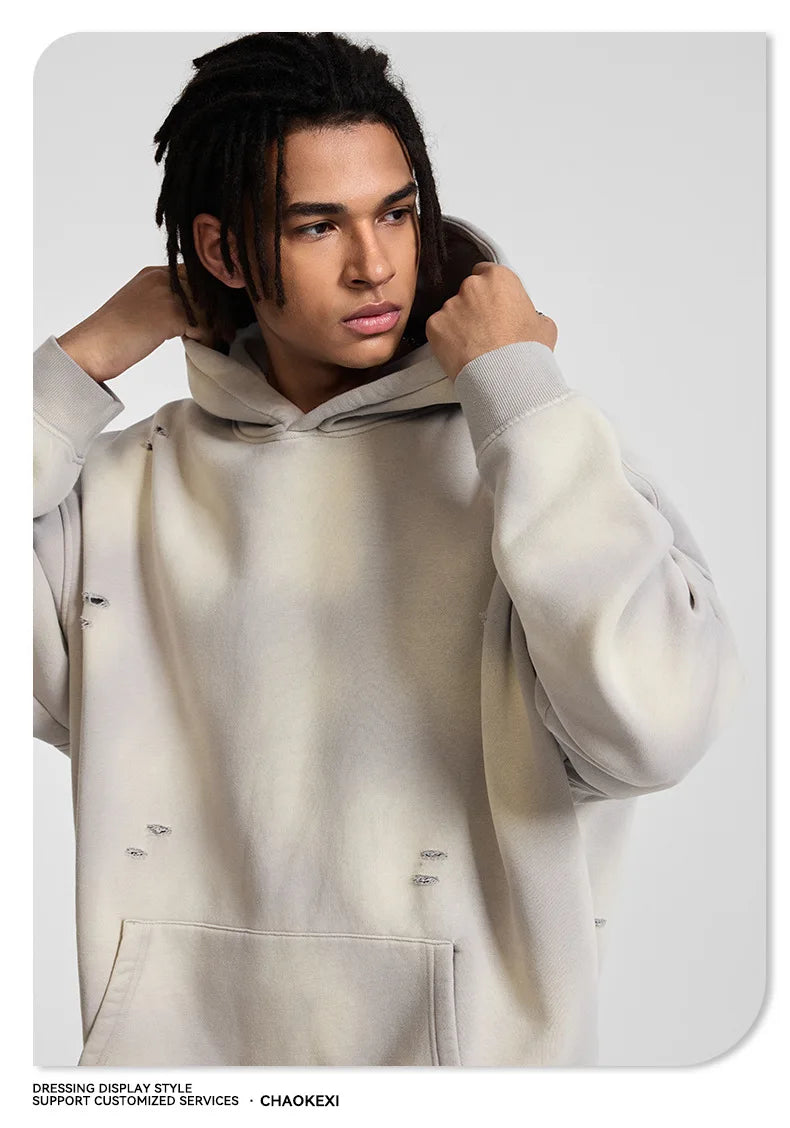 Oversized Hoodies Men Vintage Streetwear Acid Wash Ripped Hoodie Heavyweight Fleece Sweatshirt Pullover Thickened Winter Clothes