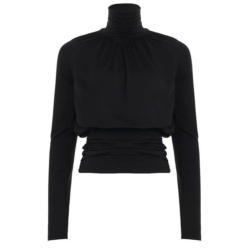 Solid Black T Shirts For Women Elegant Clothes Turtleneck Camisetas Lady Tops Long Sleeve Ropa De Mujer Shirring Feminist Shirt