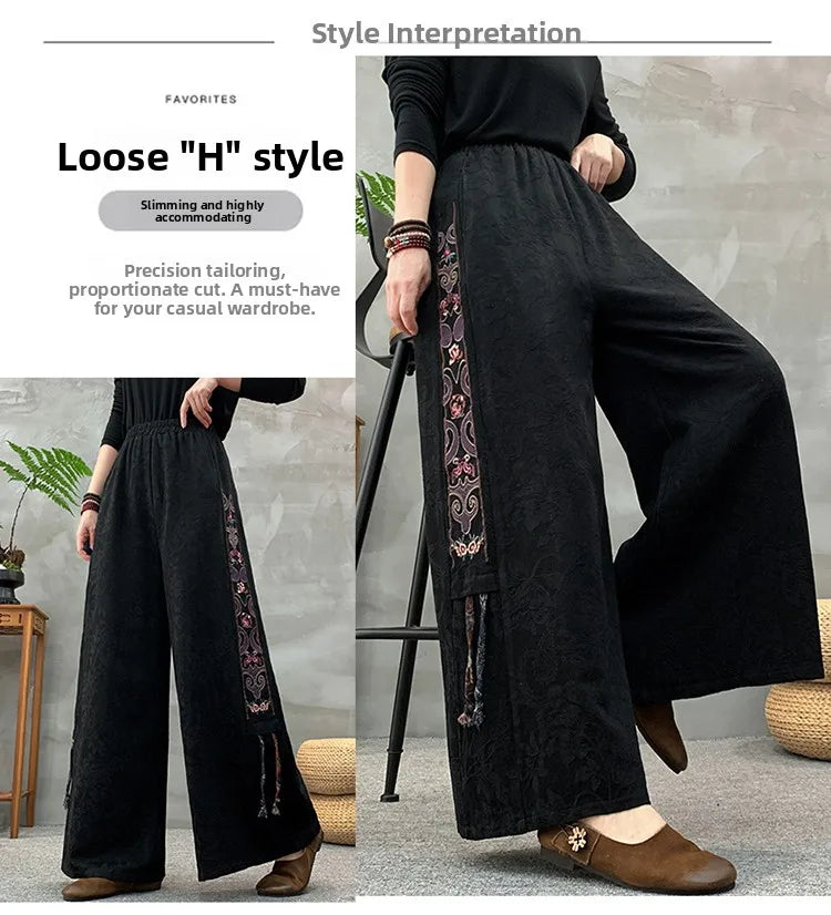 Ele Embroidered Cotton Linen Wide Leg Pants Women's Casual High Waist Trousers Spring Autumn New Sle Comfortable Loose Fit