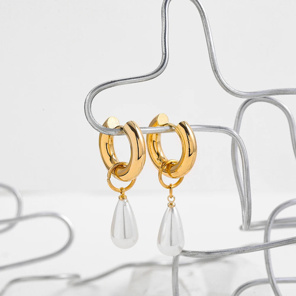 Baroque Pearls Shape Pendant Drop Earrings for Women Gold Plated Stainless Steel Round Circle Huggies Earring Fashion Jewelry