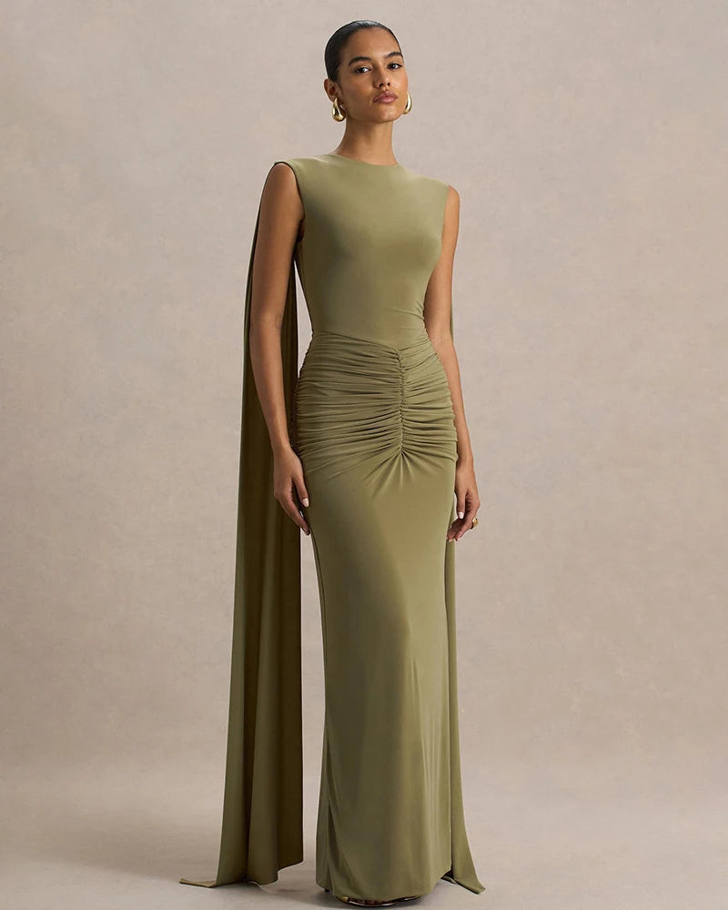 New Backless Evening Gowns Elegant Lady Bodycon Ruched Maxi Dress with Ribbon Fashion Women Sleeveless Prom Dress for Party