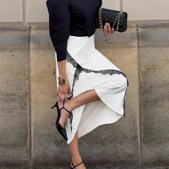 Satin Midi Skirt with Lace Trim Color Block A-Line High Waist Office Elegant French Style Dressy Casual Skirt for Women Fall