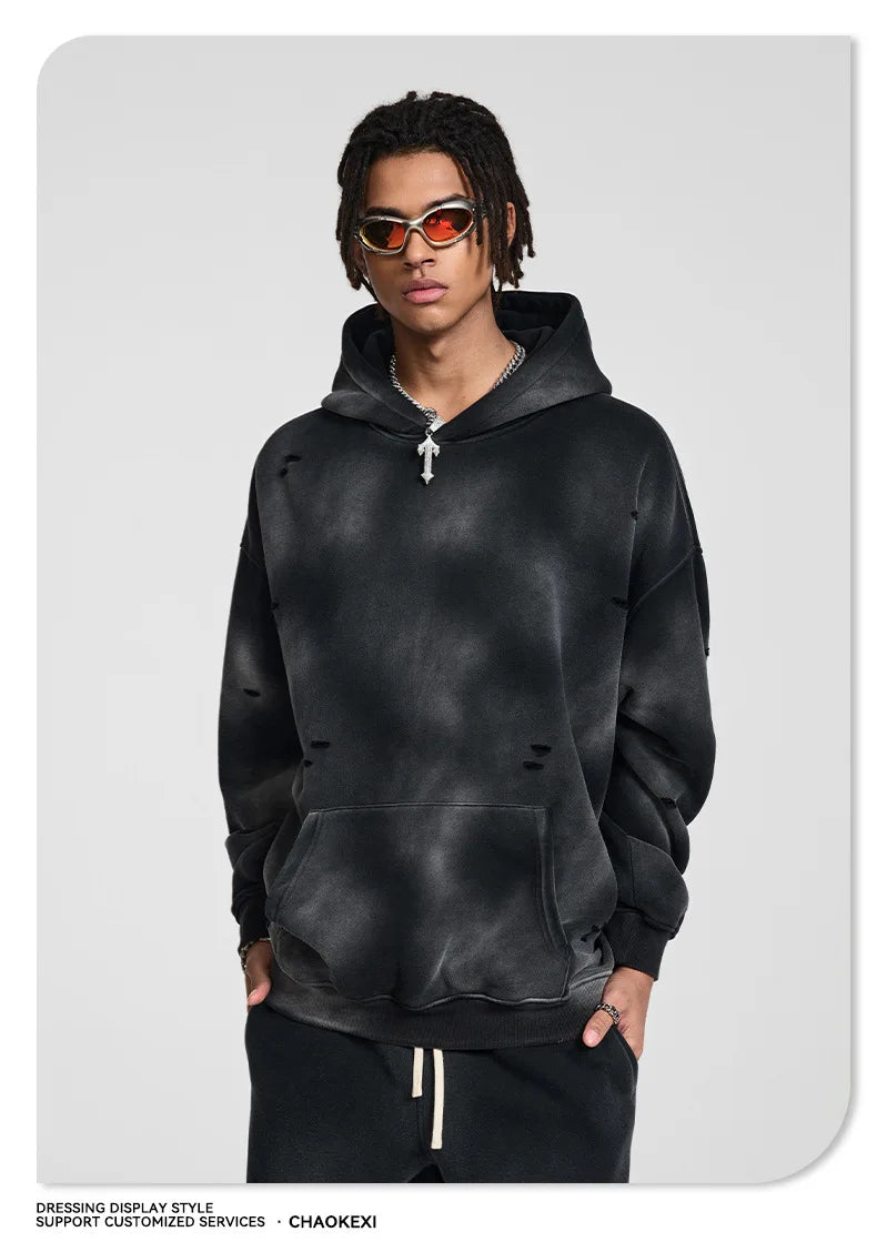 Oversized Hoodies Men Vintage Streetwear Acid Wash Ripped Hoodie Heavyweight Fleece Sweatshirt Pullover Thickened Winter Clothes