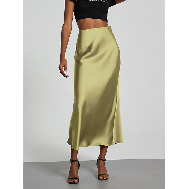 Minimalist Satin Midi Skirt  High Waist Bias Cut Flowy Hem Top for Office & Casual Streetwear