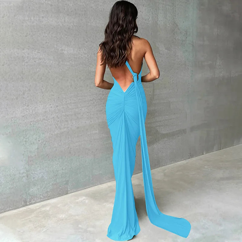 Sexy Backless Bodycon Long Dress Women's Halter Curvy Maxi Dresses Summer Evening Party Birthday Black New Summer White Burgundy
