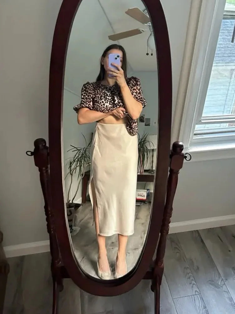 Green Satin Midi Skirts For Women Summer Elastic High Waist A Line Slit Skirt Midi Satin Silk Women Skirt With Slit Summer 2024