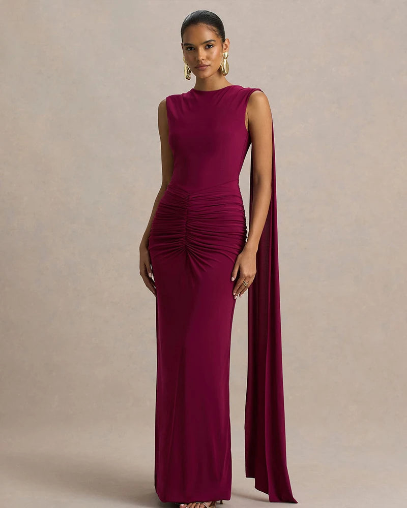 New Backless Evening Gowns Elegant Lady Bodycon Ruched Maxi Dress with Ribbon Fashion Women Sleeveless Prom Dress for Party
