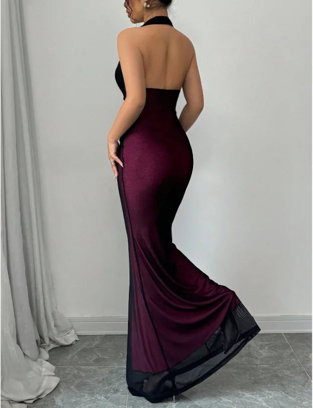 Summer Backless Sexy Maxi Dress Women Gown Patchwork Lace Halter Deep V Neck Sleeveless High Waist Elegant Long Dresses Vestido