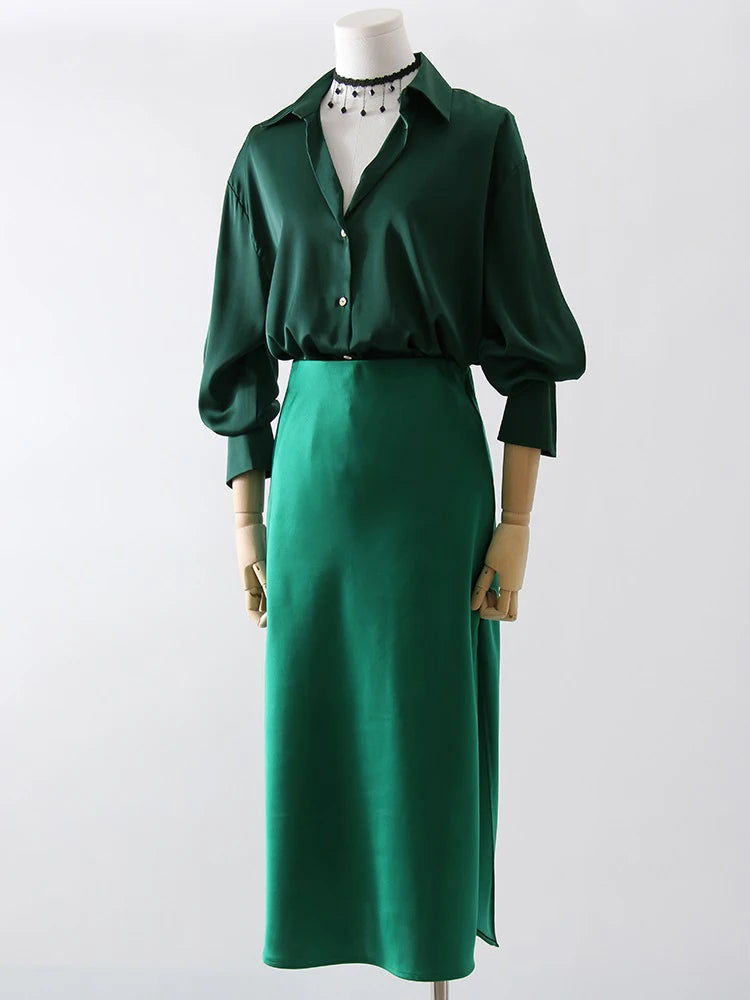 Midi Satin Skirts Women Luxury Summer Black Formal Silk Office Skirt With Slit A Line Green Midi Skirt Burgundy Women Elegant