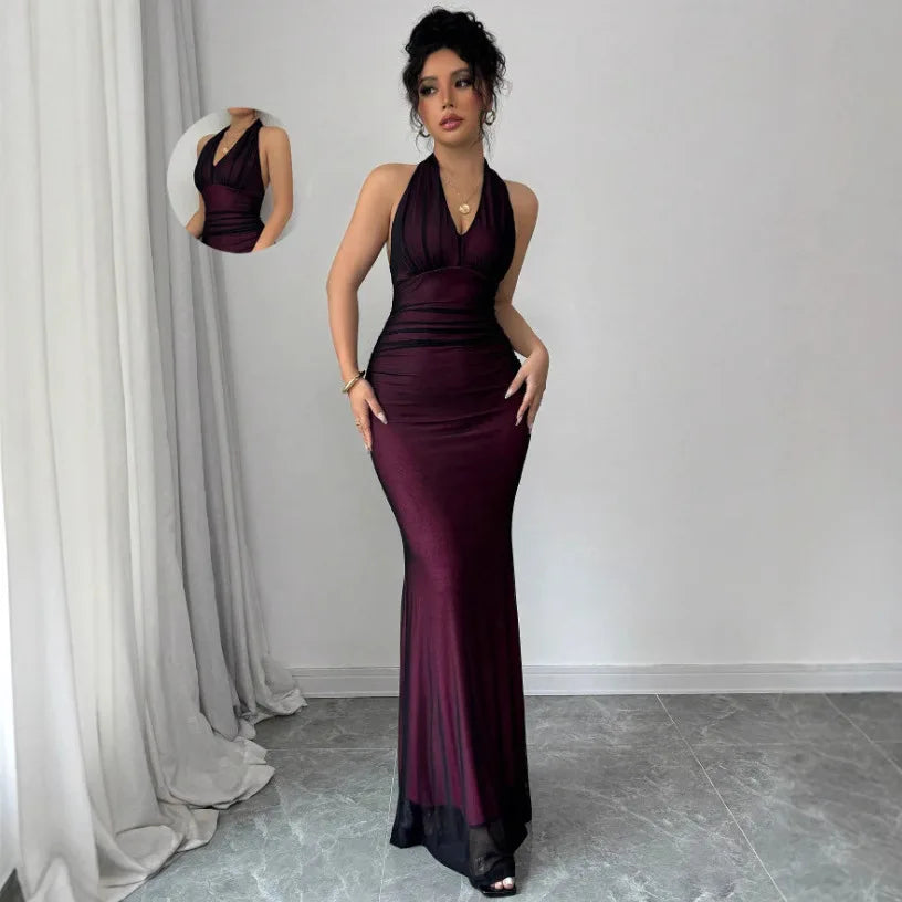 Summer Backless Sexy Maxi Dress Women Gown Patchwork Lace Halter Deep V Neck Sleeveless High Waist Elegant Long Dresses Vestido