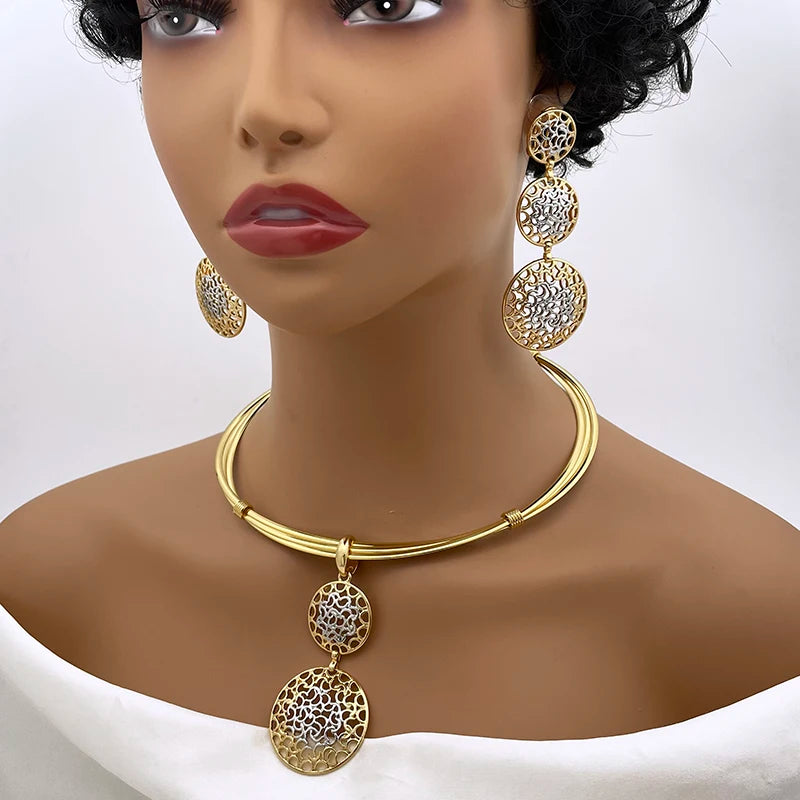 Women  Jewelry Set Two Tone Design Luxury Nigeria Trending Choker Pendant Earrings Ring Bracelet Wedding Party Gift