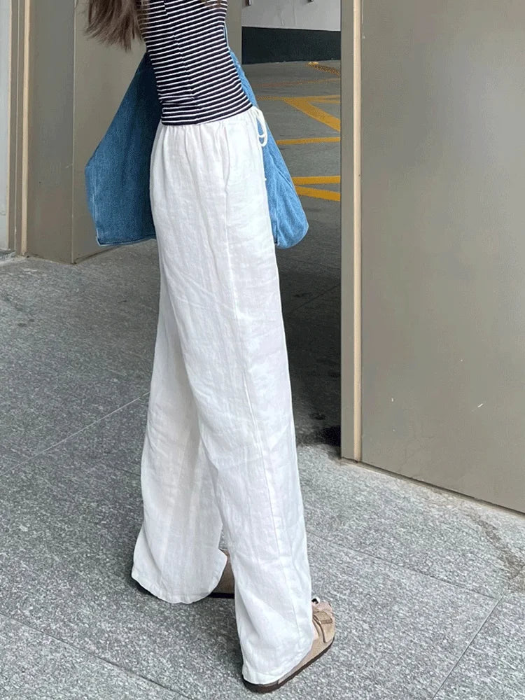 Women's Linen Wide Leg Pants Spring Summer Thin Loose Casual Straight Trousers Comfortable White