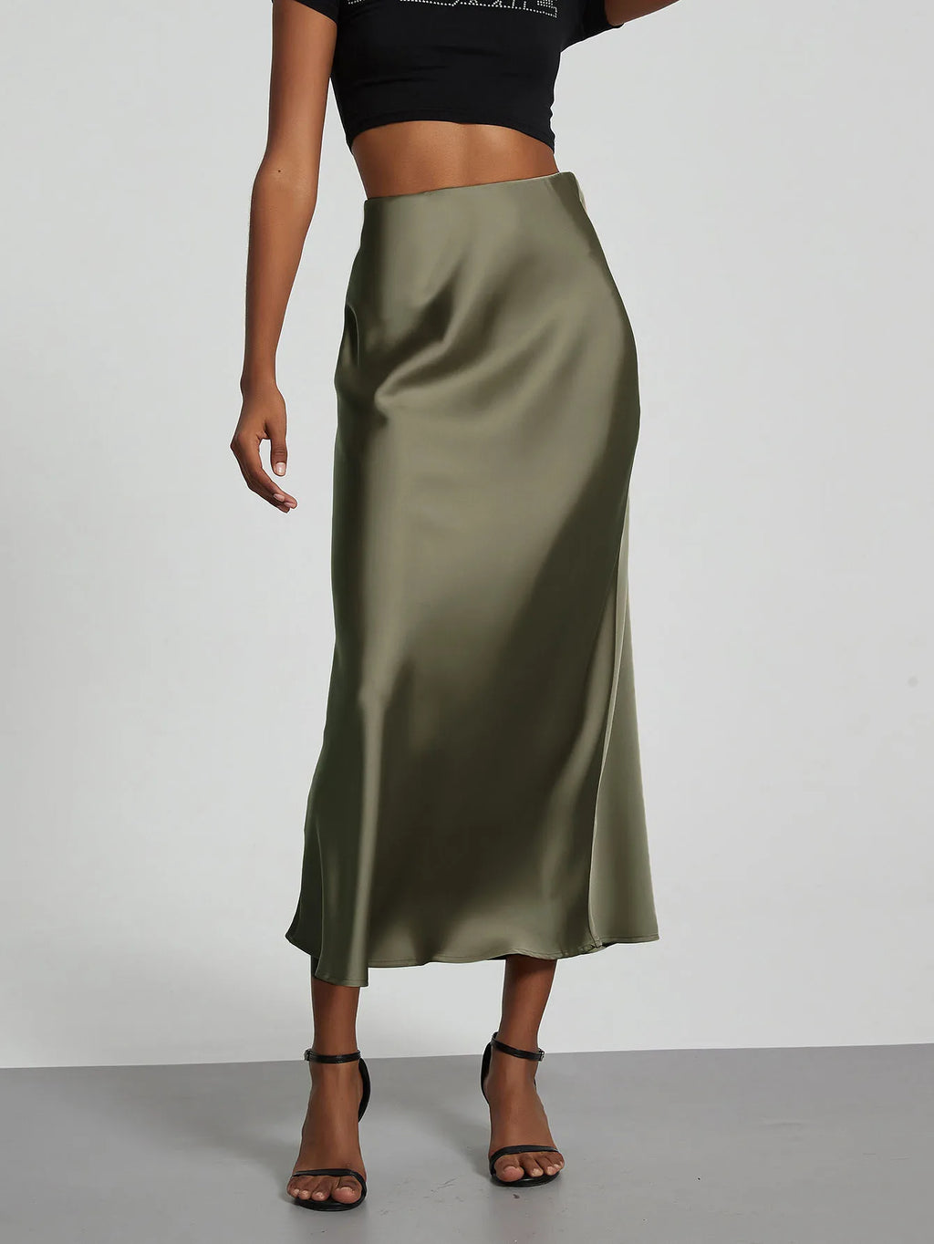 Minimalist Satin Midi Skirt  High Waist Bias Cut Flowy Hem Top for Office & Casual Streetwear
