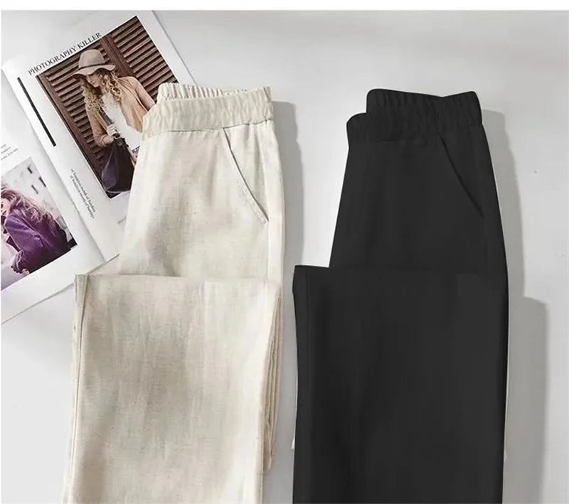 Linen Wide Leg Pants Women New Summer Thin Elastic High Waist Long Pants Autumn Casual Loose Cotton And Linen Straight Trousers