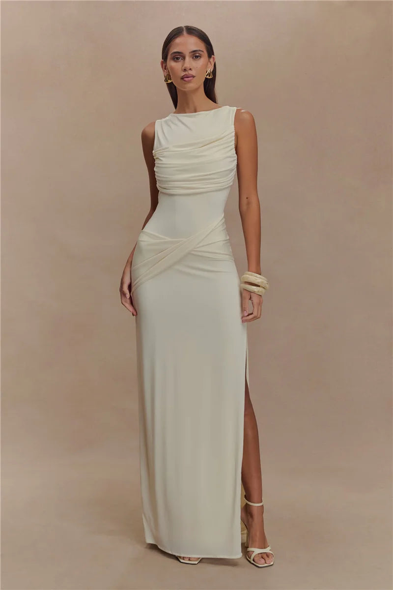 Backless Ruched Sexy Maxi Dress Women Summer O Neck High Split Bodycon Elegant Long Dress Fashion Gown Sleeveless Dresses 2025