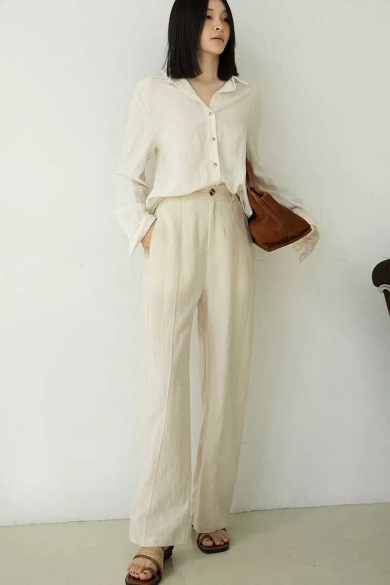 Women's Linen Lyocell Blend Wide Leg Pants Solid Color Versatile Casual Loose Straight Pants Spring Summer High Waist Trousers