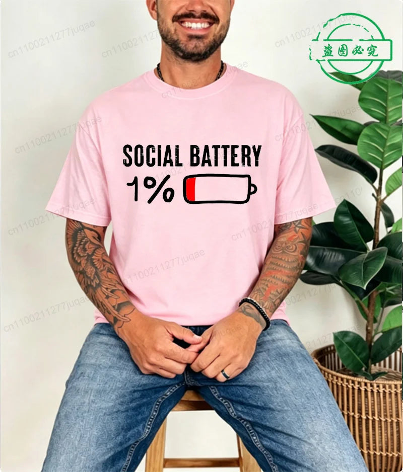 T-shirt for Men Social Battery 1 Percent Funny Introvert T Shirt Men Tops Casual Clothing Oversize Vintage Clothes Trend Tshirt