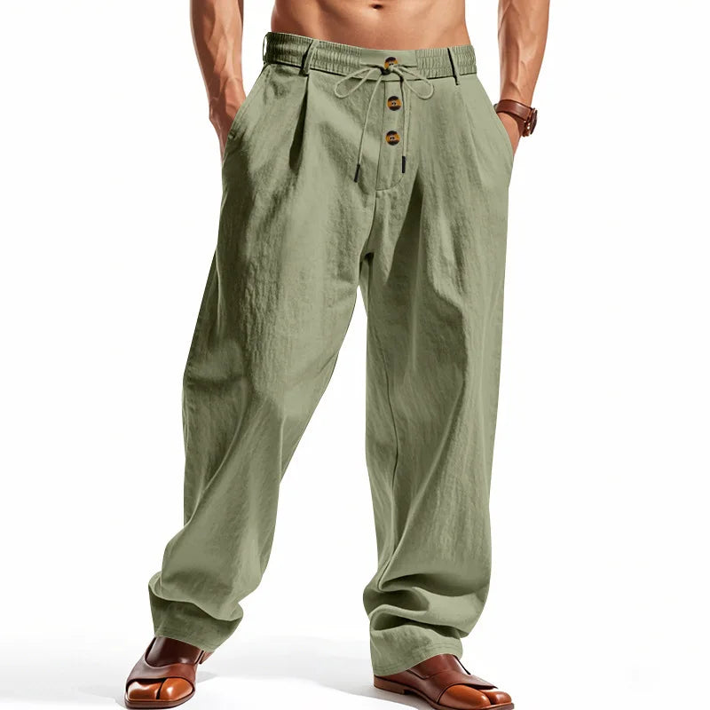 Men's Boho Linen Blend Wide Leg Pants High Waist Drawstring Button Fly Loose Fit Trousers with Side Pockets
