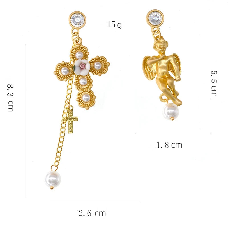 Baroque Asymmetrical Vintage Cross Pearl Pendant Earrings For Women Lady Crsytal Heart Angel Ear Rings Classic Long Earring
