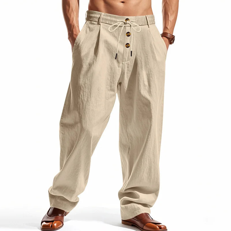 Men's Boho Linen Blend Wide Leg Pants High Waist Drawstring Button Fly Loose Fit Trousers with Side Pockets