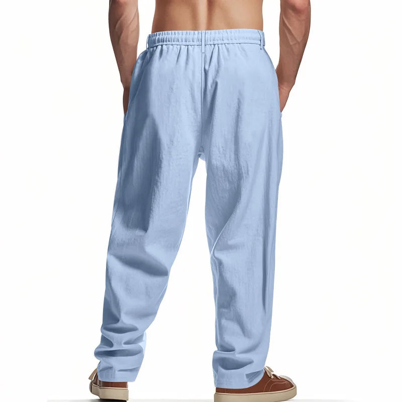 Men's Boho Linen Blend Wide Leg Pants High Waist Drawstring Button Fly Loose Fit Trousers with Side Pockets
