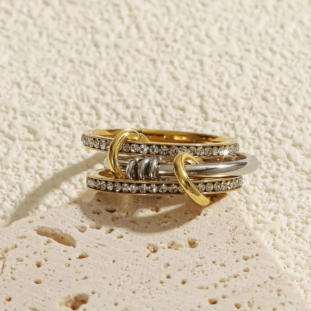 New Stainless Steel Cubic Zirconia Stackable Rings for Women 18k GoldPlating Multi-Link Connected Statement Ring Stack Jewelry