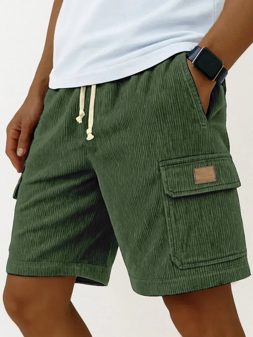 Men's Corduroy Work Shorts, Summer Loose Fit, Drawstring, Mid-Length, Multi-Pocket Striped Casual Shorts
