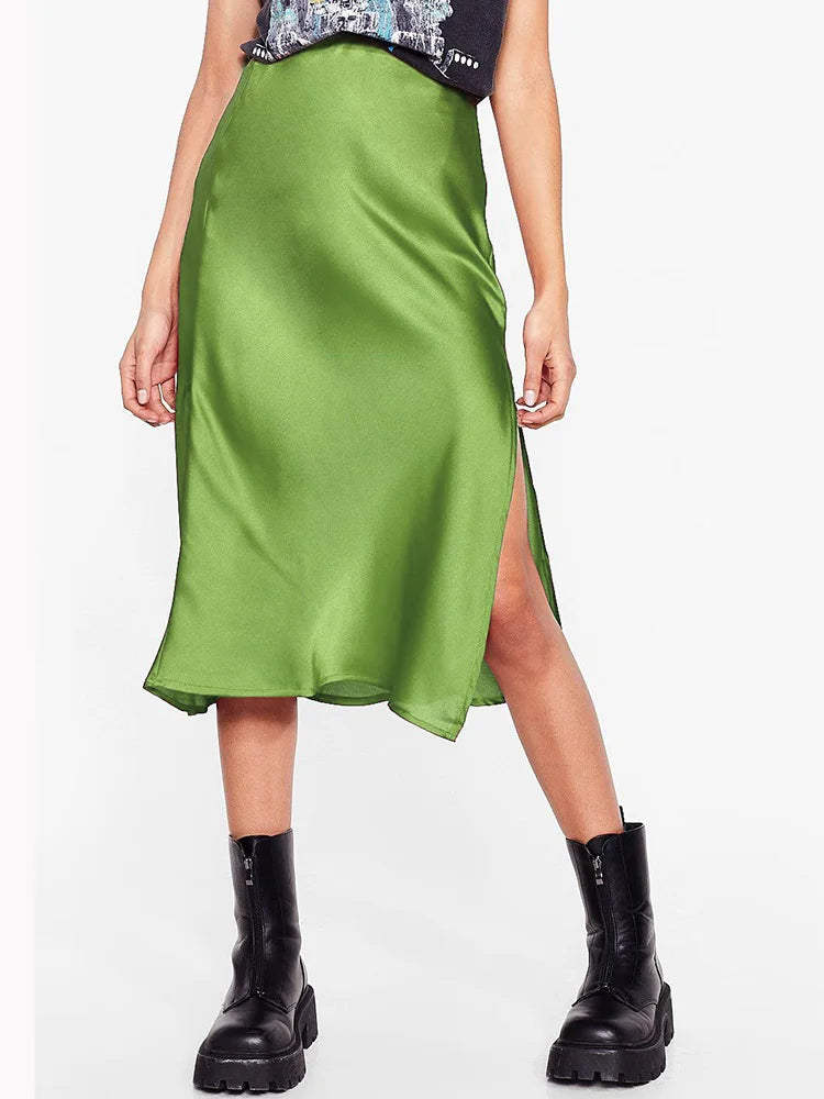 Green Satin Midi Skirts For Women Summer Elastic High Waist A Line Slit Skirt Midi Satin Silk Women Skirt With Slit Summer 2024