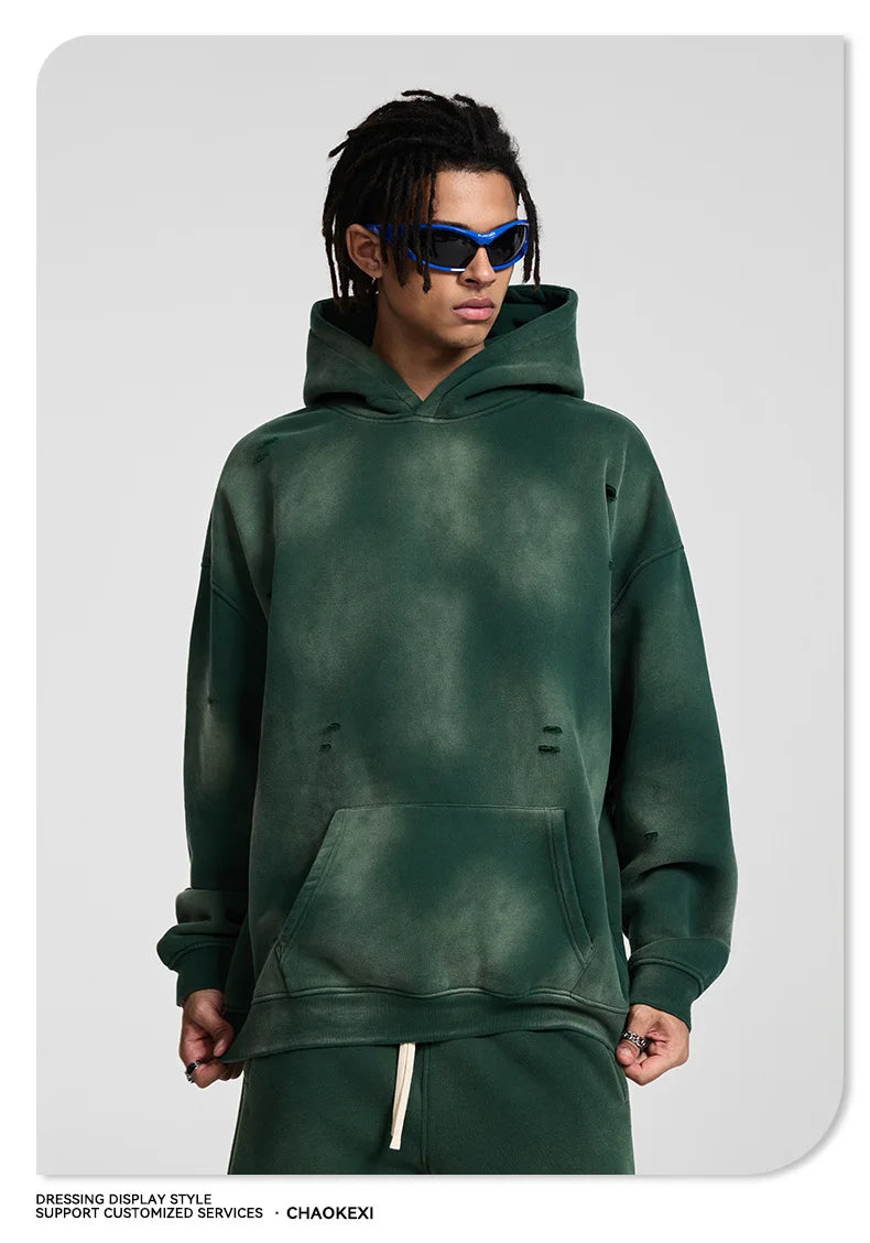 Oversized Hoodies Men Vintage Streetwear Acid Wash Ripped Hoodie Heavyweight Fleece Sweatshirt Pullover Thickened Winter Clothes
