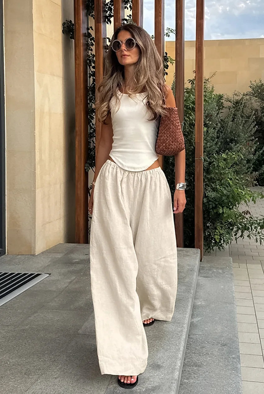 2025 Summer Linen Wide Leg Pants Women Casual Loose Pocket Trousers Office Commuter