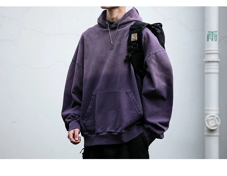 Mens Heavyweight Cotton Hoodie Oversized Streetwear Spring Autumn Garment Dyed Washed Ombre Pullover High Quality Sweatshirt