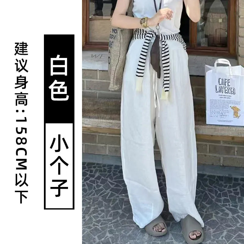 Women Navy Blue Cotton Linen Straight Wide Leg Pants 2026 New Thin High Rise Loose Lazy Fit Spring Summer Daily Casual Trousers