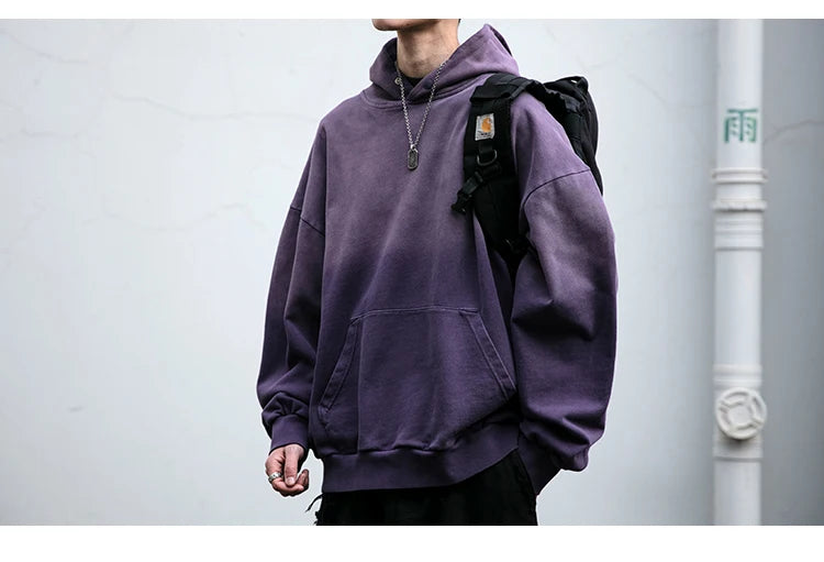 Mens Heavyweight Cotton Hoodie Oversized Streetwear Spring Autumn Garment Dyed Washed Ombre Pullover High Quality Sweatshirt