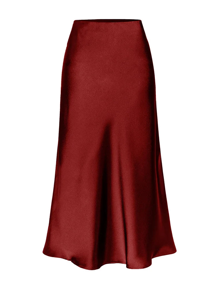 Green Satin Midi Skirts For Women Summer Elastic High Waist A Line Slit Skirt Midi Satin Silk Women Skirt With Slit Summer 2024