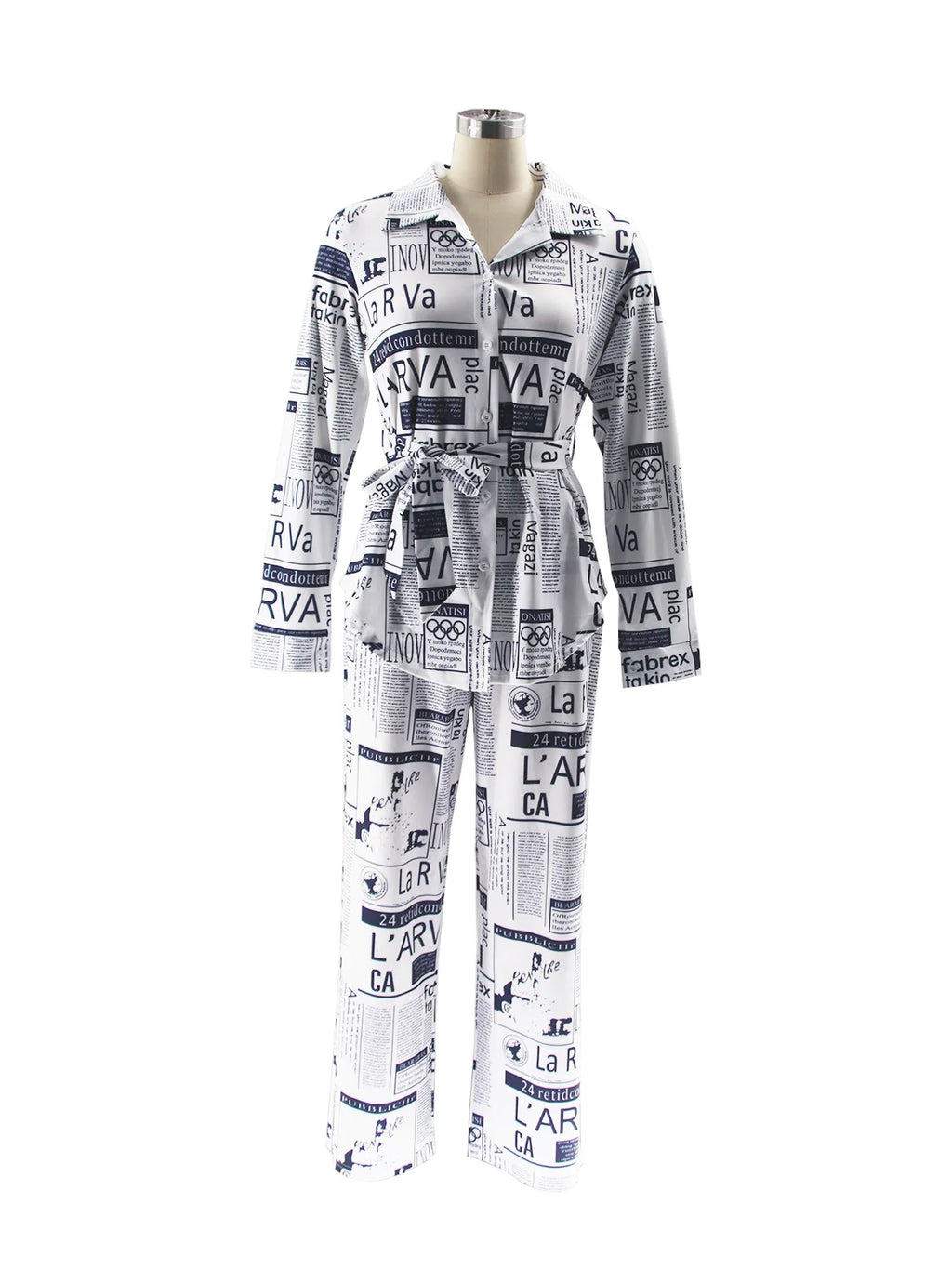 Ladies Clothes Damen Kleidung Stylish Newspaper Print Lapel Long Sleeves Loose Trousers Home Set Outfits For Women's 2 Piece Set