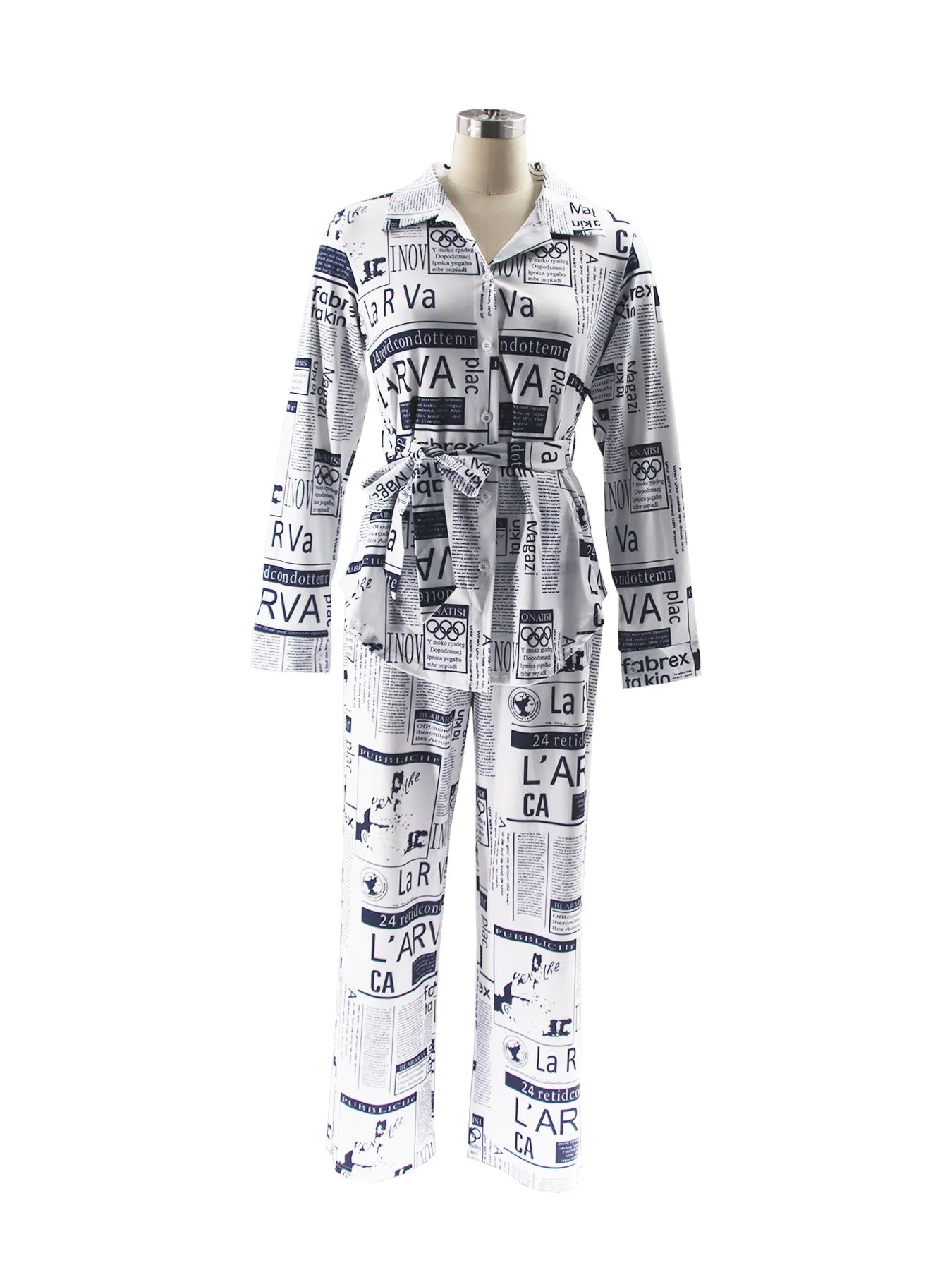 Ladies Clothes Damen Kleidung Stylish Newspaper Print Lapel Long Sleeves Loose Trousers Home Set Outfits For Women's 2 Piece Set