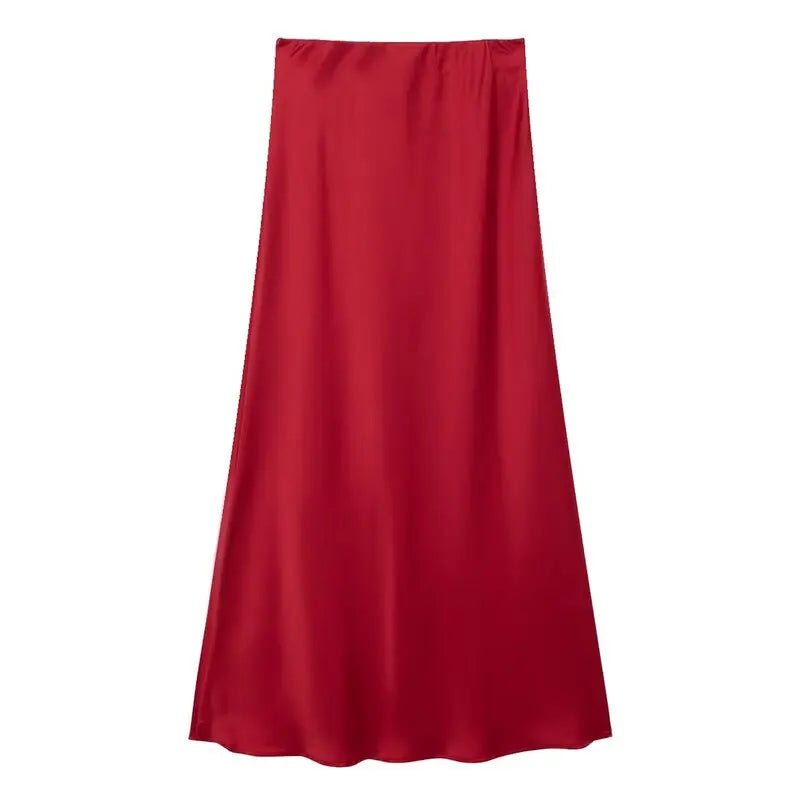 Silk Satin High Waist Slimming Casual Midi Skirt Pure Color Spring 2025 Women's Faion f-length A-line Skirt
