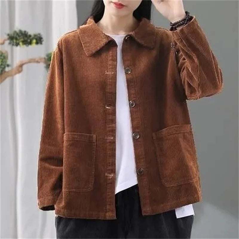 Corduroy Jacket Women's Shirt Spring Autumn New style Retro Long sleeved Loose Korean version High-end Lady Short Windbreaker