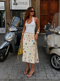 Women's Satin Floral Midi Skirt High Waist Bias Cut Slip Skirt Summer Casual A-Line French Style for Daily, Dating & Vacation