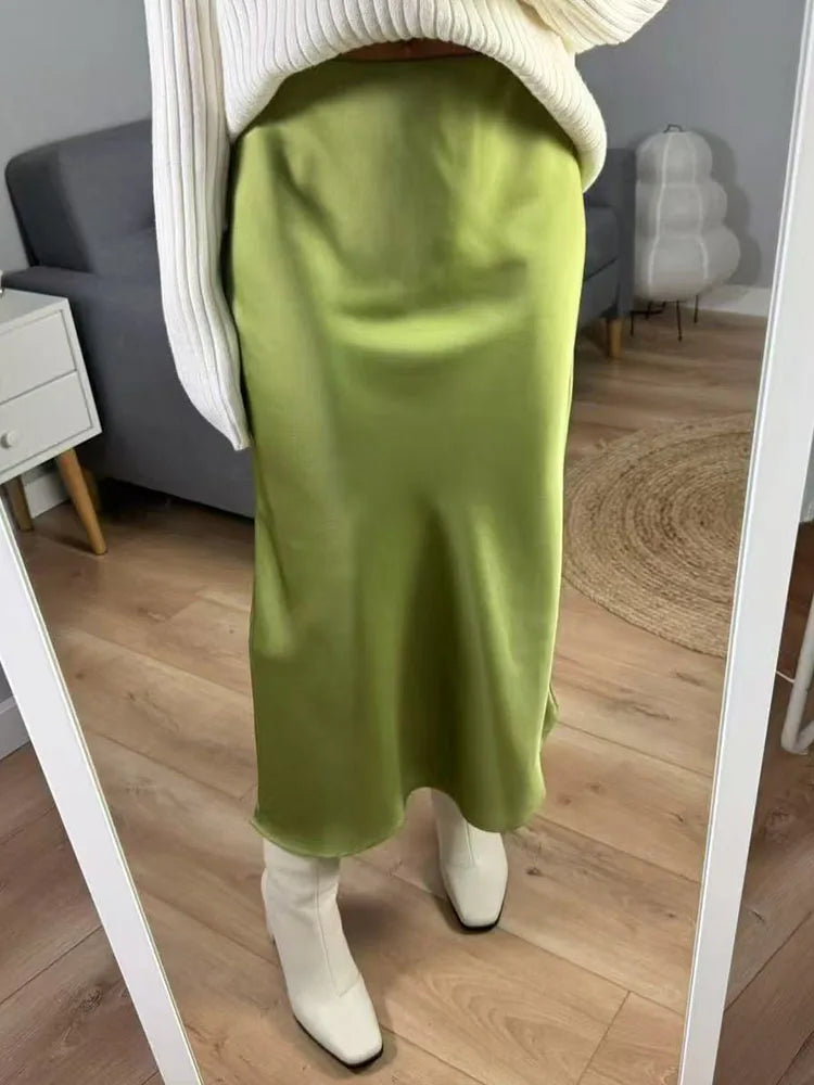 Midi Satin Skirts Women Luxury Summer Black Formal Silk Office Skirt With Slit A Line Green Midi Skirt Burgundy Women Elegant