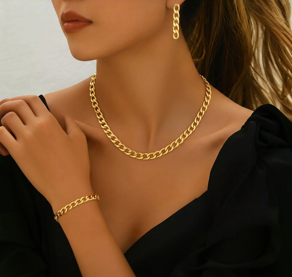 Stainless Steel Minimalist Cuban Chain Necklace, Earrings, And Bracelet Set Women's Fashionable, Unique, Trendy Vintage Jewelry
