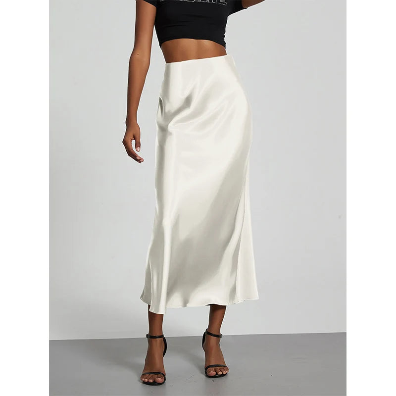 Minimalist Satin Midi Skirt  High Waist Bias Cut Flowy Hem Top for Office & Casual Streetwear