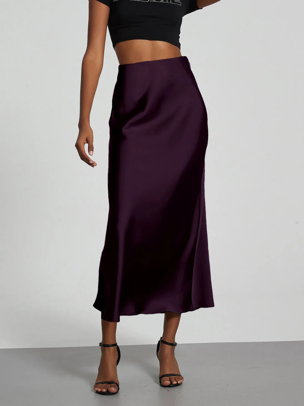 Minimalist Satin Midi Skirt  High Waist Bias Cut Flowy Hem Top for Office & Casual Streetwear