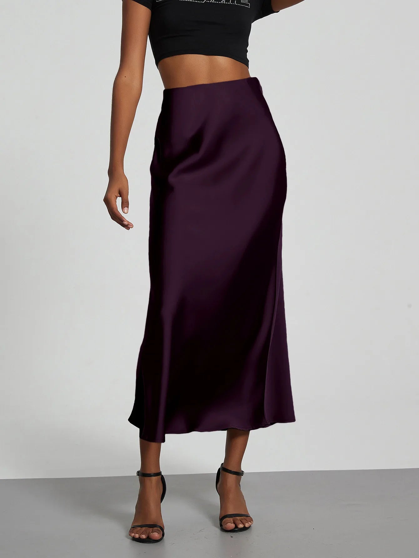 Minimalist Satin Midi Skirt  High Waist Bias Cut Flowy Hem Top for Office & Casual Streetwear