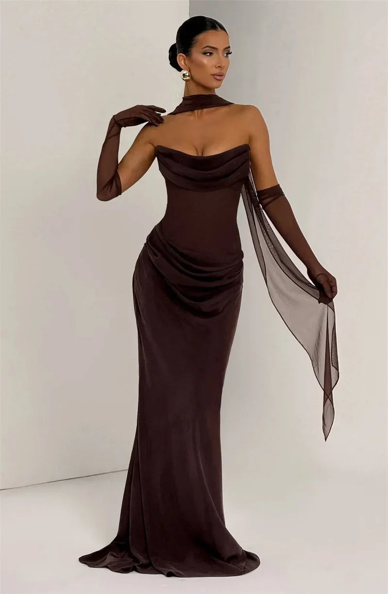 Off-shoulder Backless Sexy Maxi Dress Women Gown Elegant Scarf Collar Strapless Sleeveless Bodycon Club Party Dresses