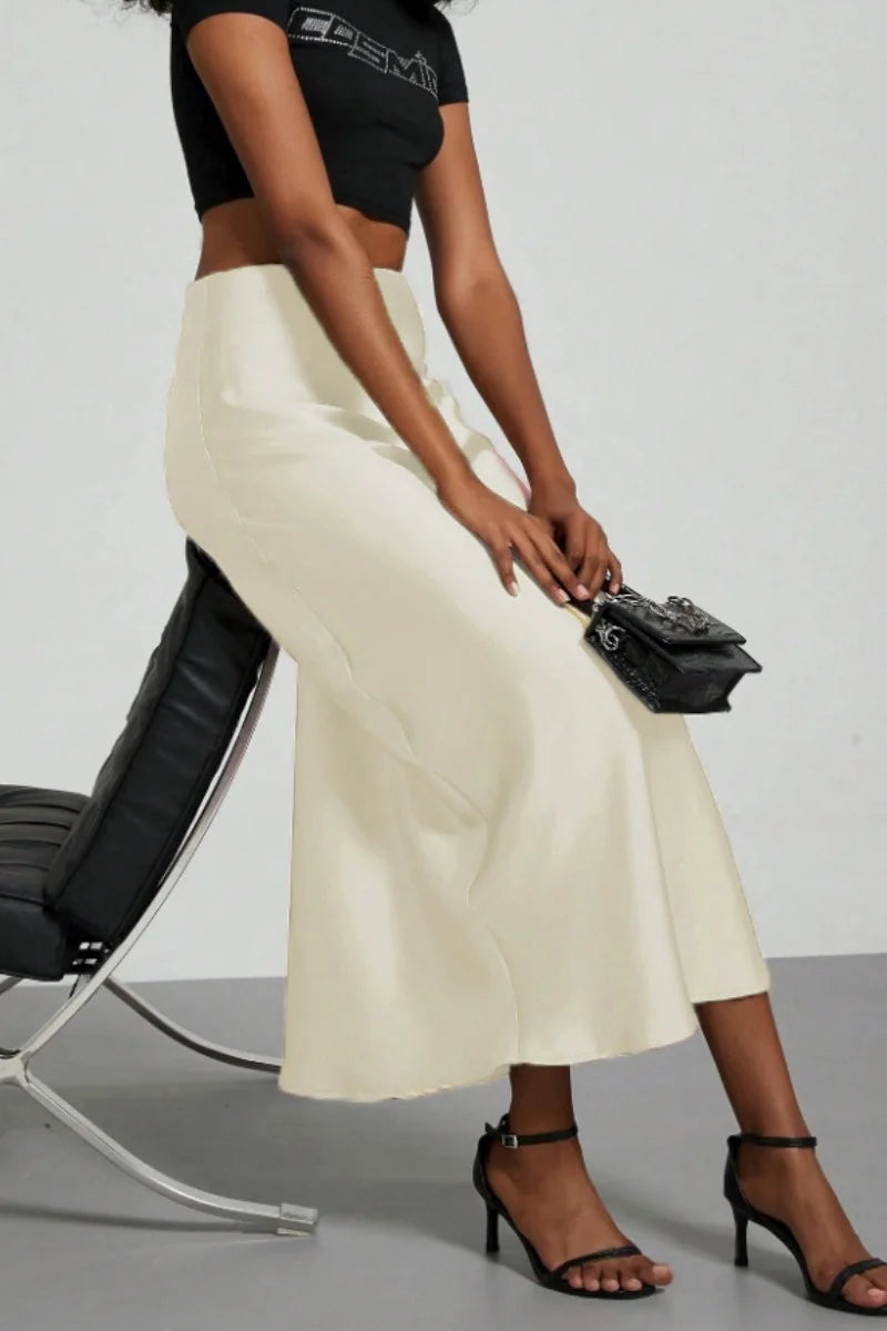 Women's Summer High Waist Silky Satin Draped Midi Mermaid Skirt Solid Flowly Bias Cut Long Slip Skirt Elegant Casual Bottoms