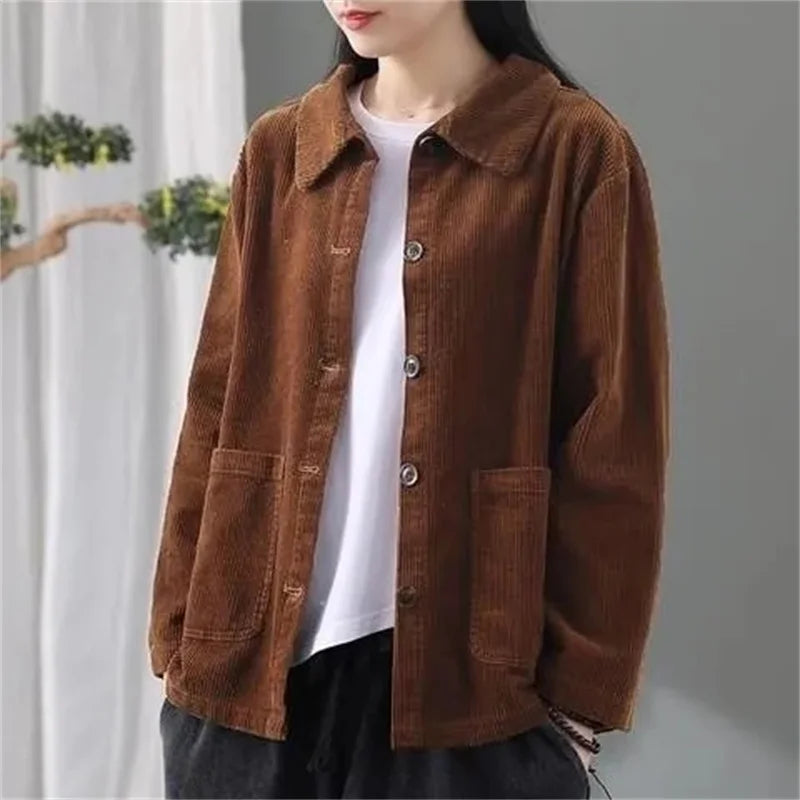Corduroy Jacket Women's Shirt Spring Autumn New style Retro Long sleeved Loose Korean version High-end Lady Short Windbreaker