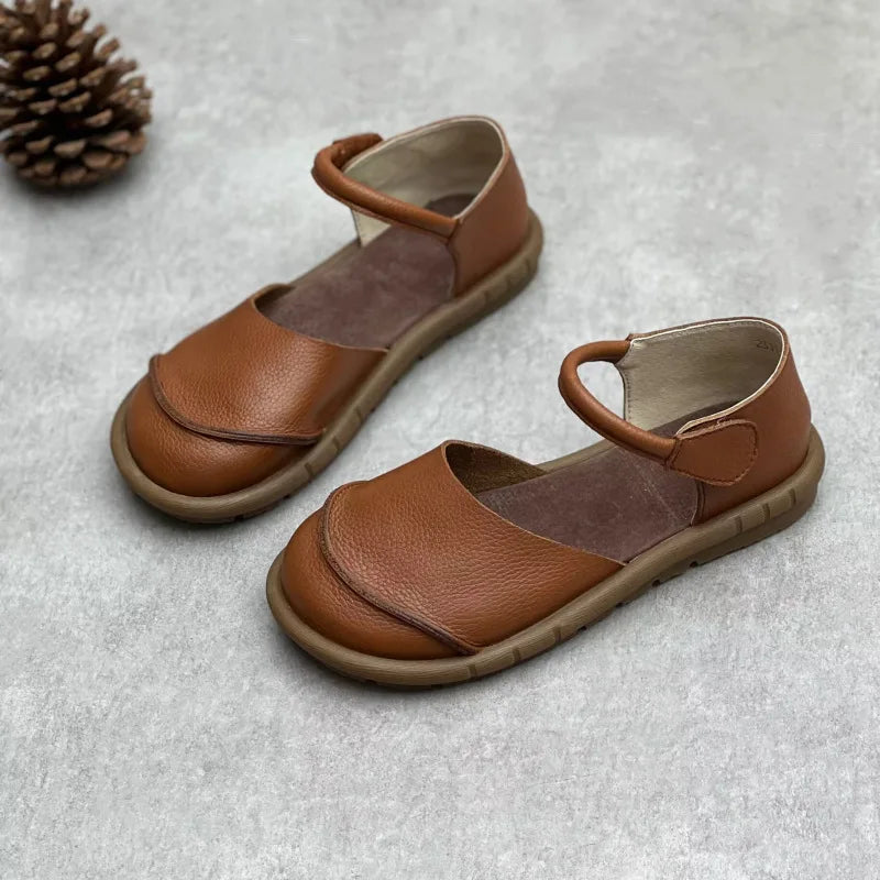 Soft Leather Women's Flat Shoes Retro Handmade Comfortable  2025 Summer Genuine Leather Fashion Black Casual Sandals Ladies